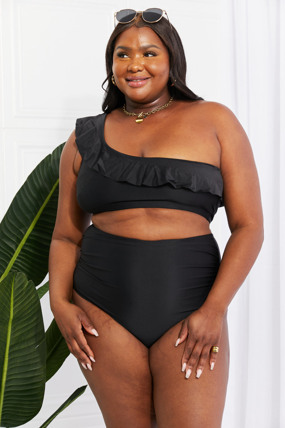 Marina West Swim Seaside Romance Ruffle One-Shoulder Bikini in Black - UrbanEthereal