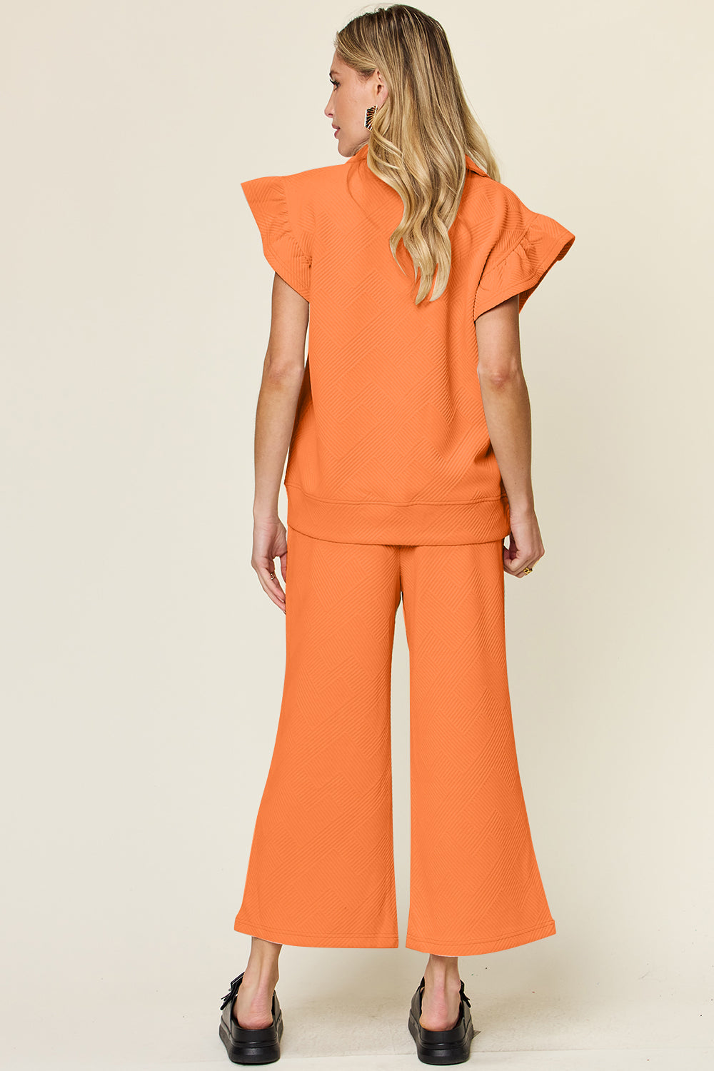 Double Take Texture Ruffle Short Sleeve Top and Drawstring Wide Leg Pants Set - UrbanEthereal