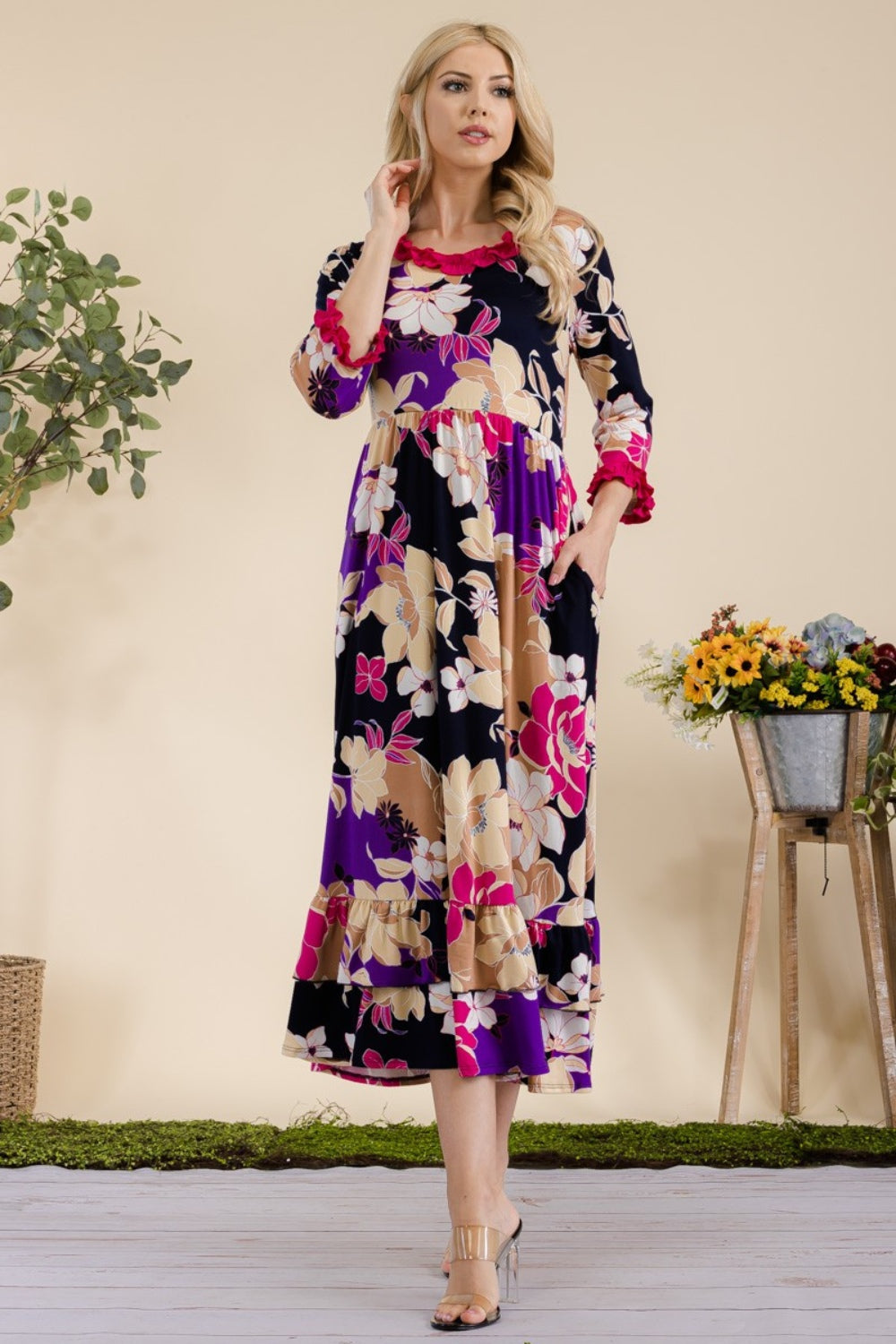 Celeste Full Size Floral Ruffled Midi Dress - UrbanEthereal