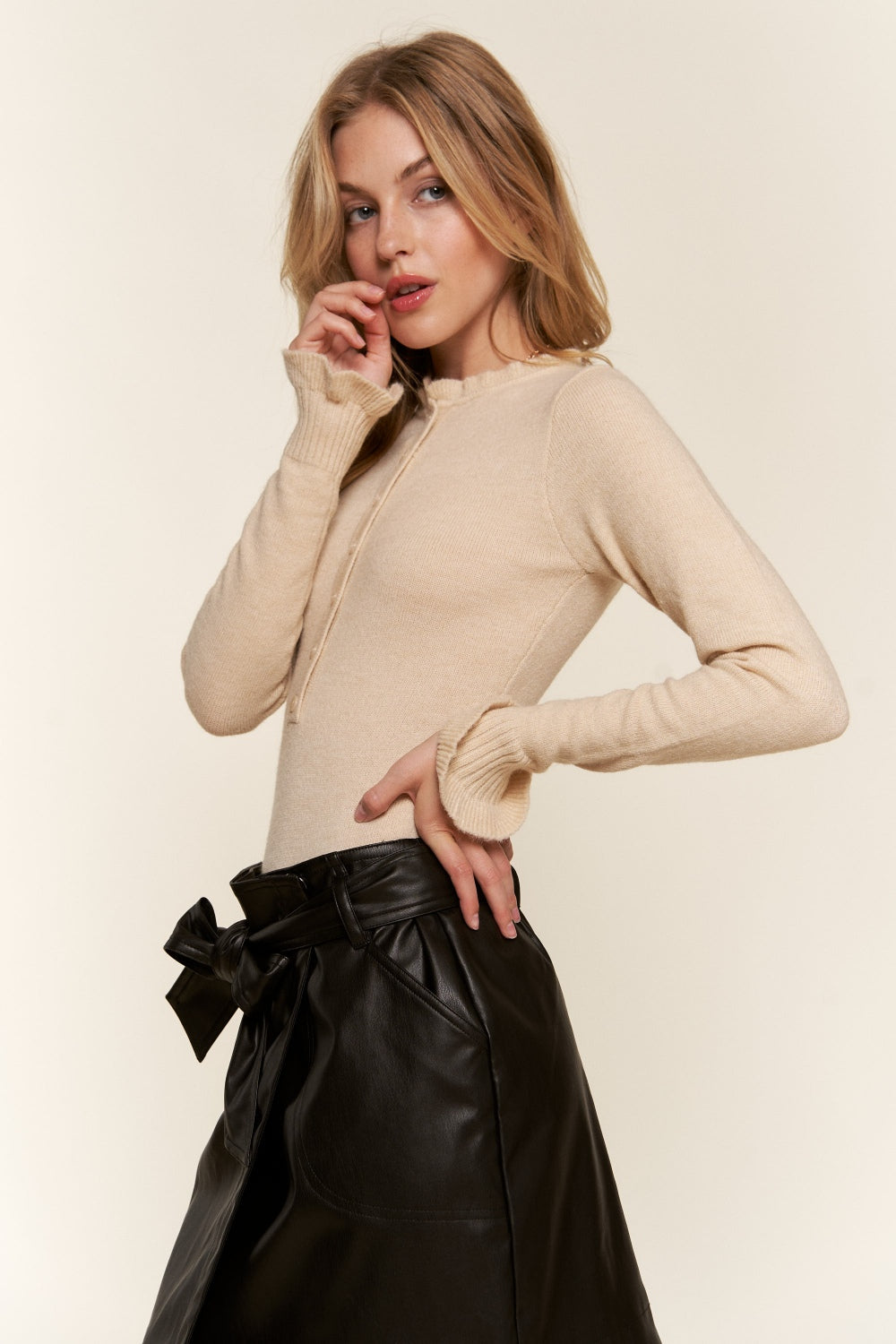 And The Why Half Button Round Neck Long Sleeve Bodysuit - UrbanEthereal