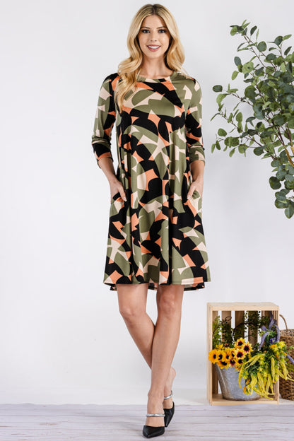 Celeste Full Size Geometric Round Neck Dress with Pockets - UrbanEthereal