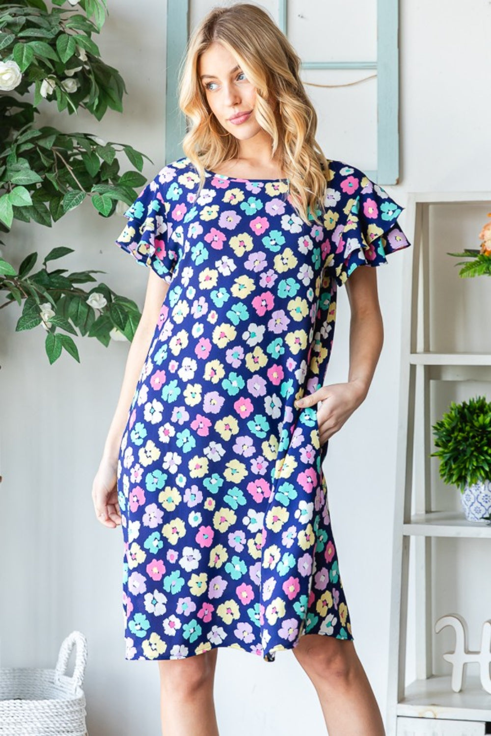 Heimish Full Size Floral Ruffled Short Sleeve Dress with Pockets - UrbanEthereal