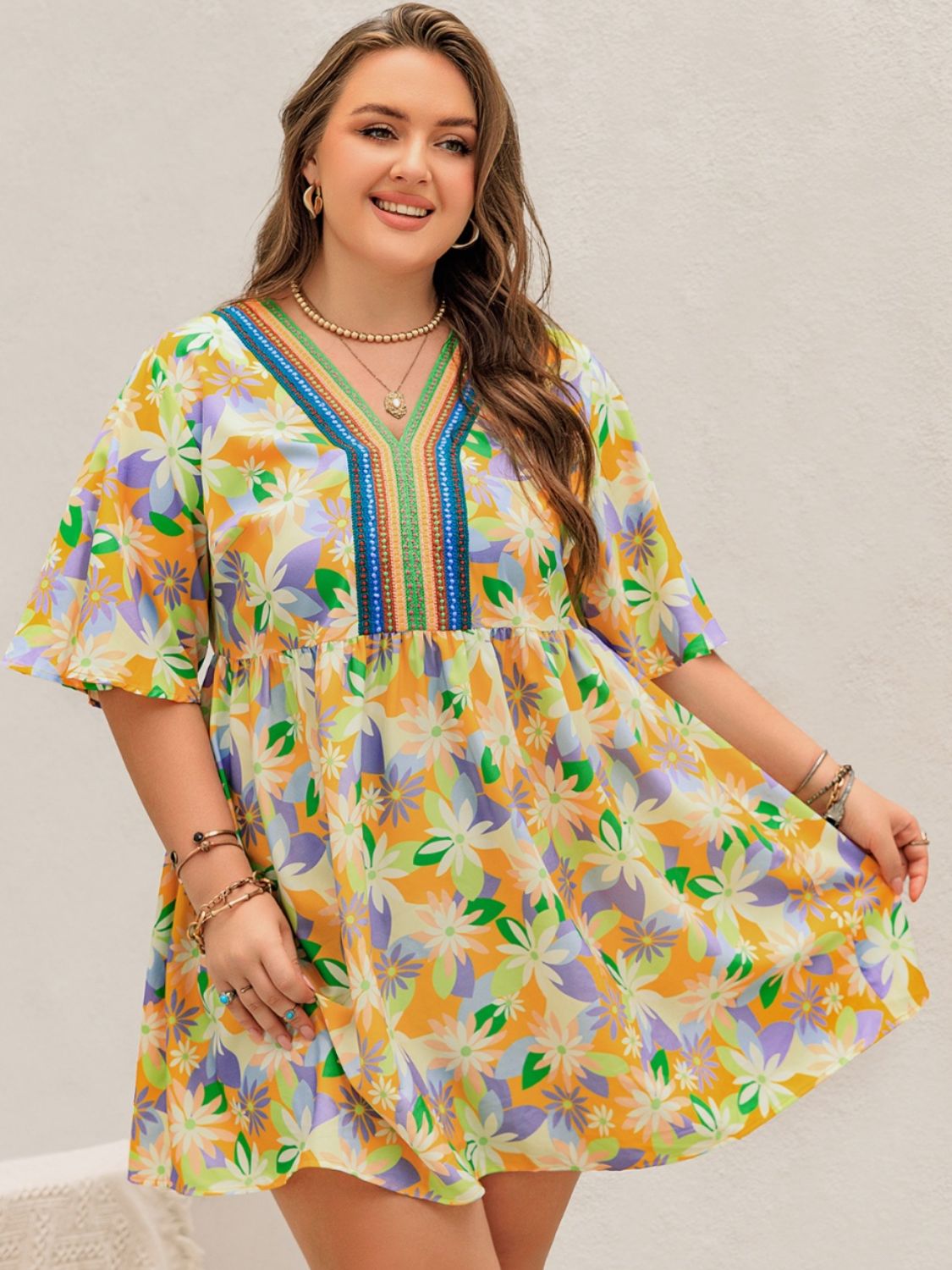 Plus Size Printed V-Neck Half Sleeve Mini Dress - UrbanEthereal