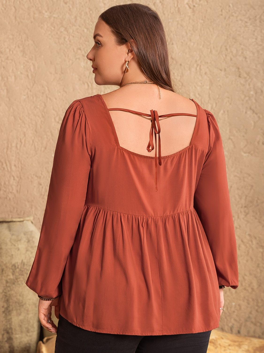 Plus Size Lace Detail Square Neck Long Sleeve Blouse - UrbanEthereal