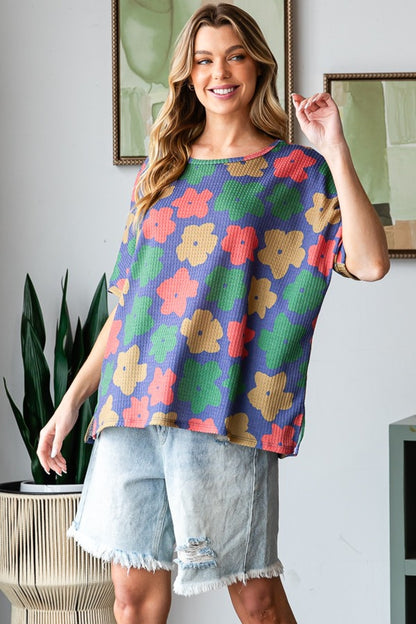 HOPELY Full Size Floral Round Neck Side Slit T-Shirt