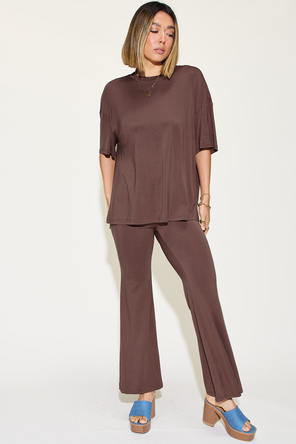 Basic Bae Full Size Bamboo Drop Shoulder T-Shirt and Flare Pants Set - UrbanEthereal