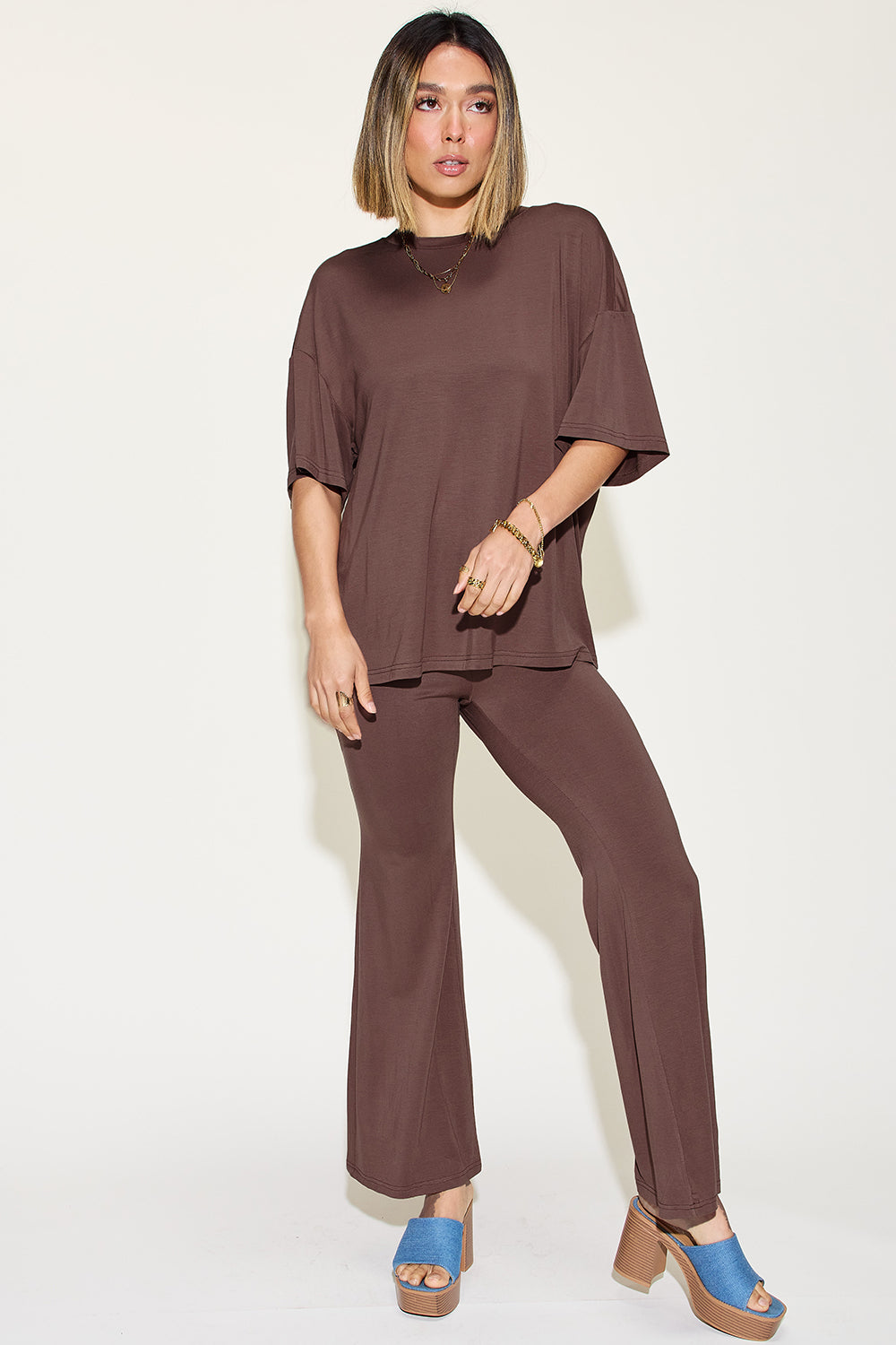 Basic Bae Full Size Bamboo Drop Shoulder T-Shirt and Flare Pants Set - UrbanEthereal