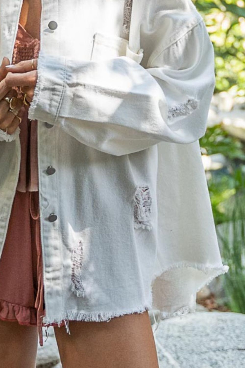 POL Button Down Raw Hem Distressed Shacket - UrbanEthereal