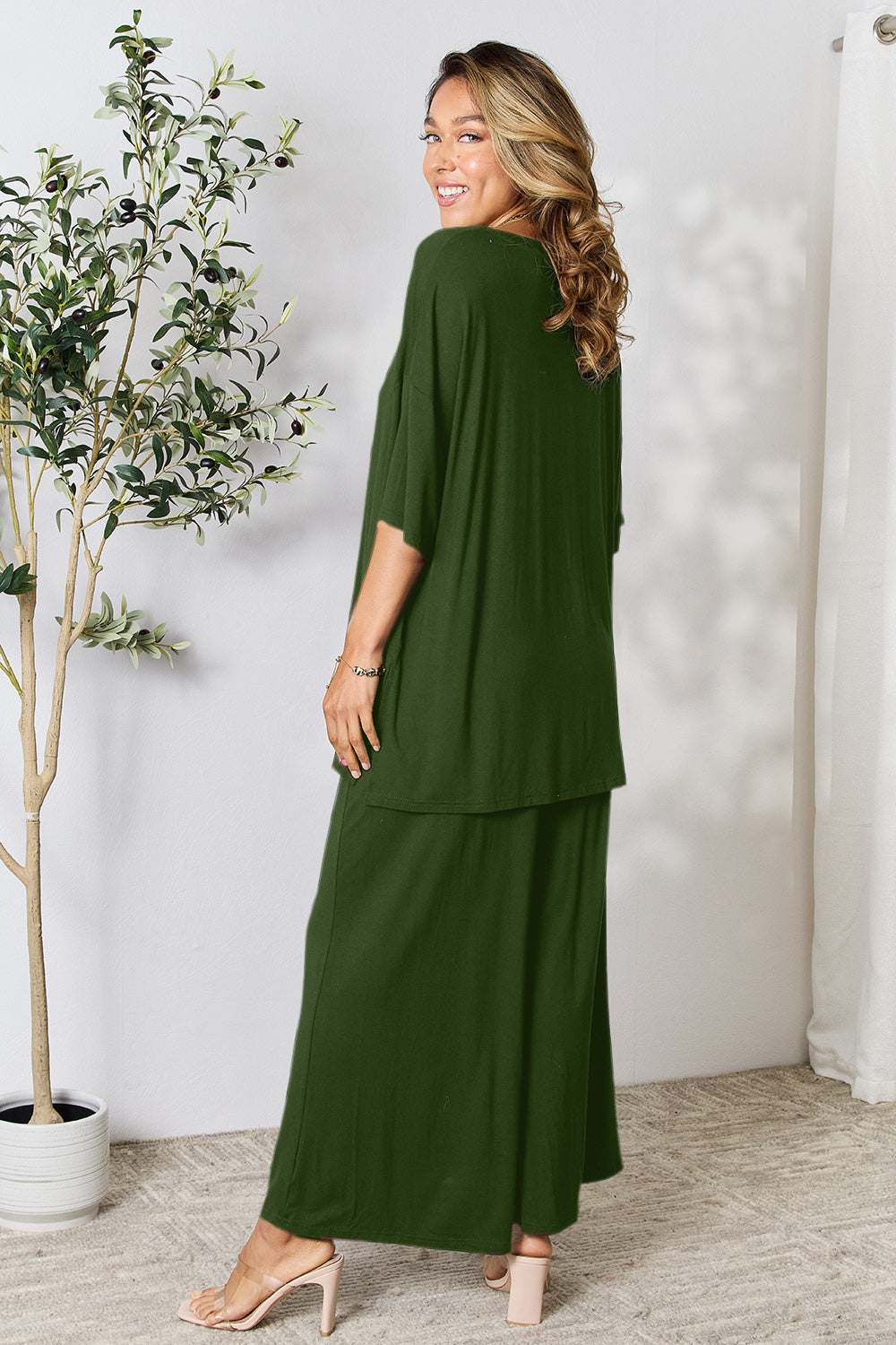 Double Take Full Size Round Neck Slit Top and Pants Set - UrbanEthereal