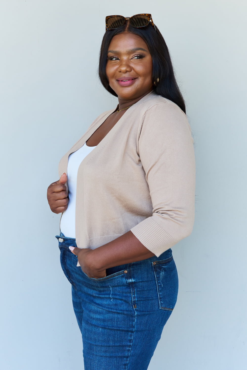 Doublju My Favorite Full Size 3/4 Sleeve Cropped Cardigan in Khaki - UrbanEthereal