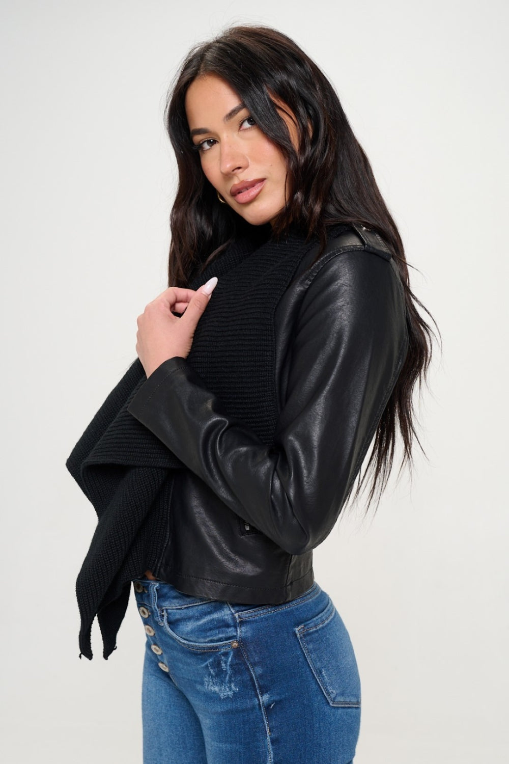 Coalition LA Knit Collared Faux Leather Crop Jacket - UrbanEthereal
