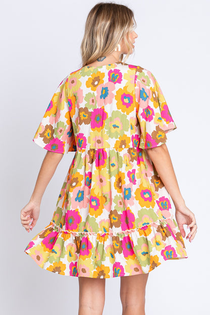 GeeGee Full Size Floral V-Neck Ruffle Trim Mini Dress - UrbanEthereal