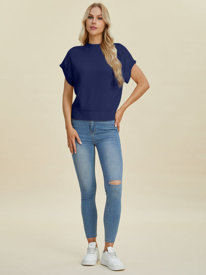 Double Take Full Size Mock Neck Short Sleeve Sweater - UrbanEthereal
