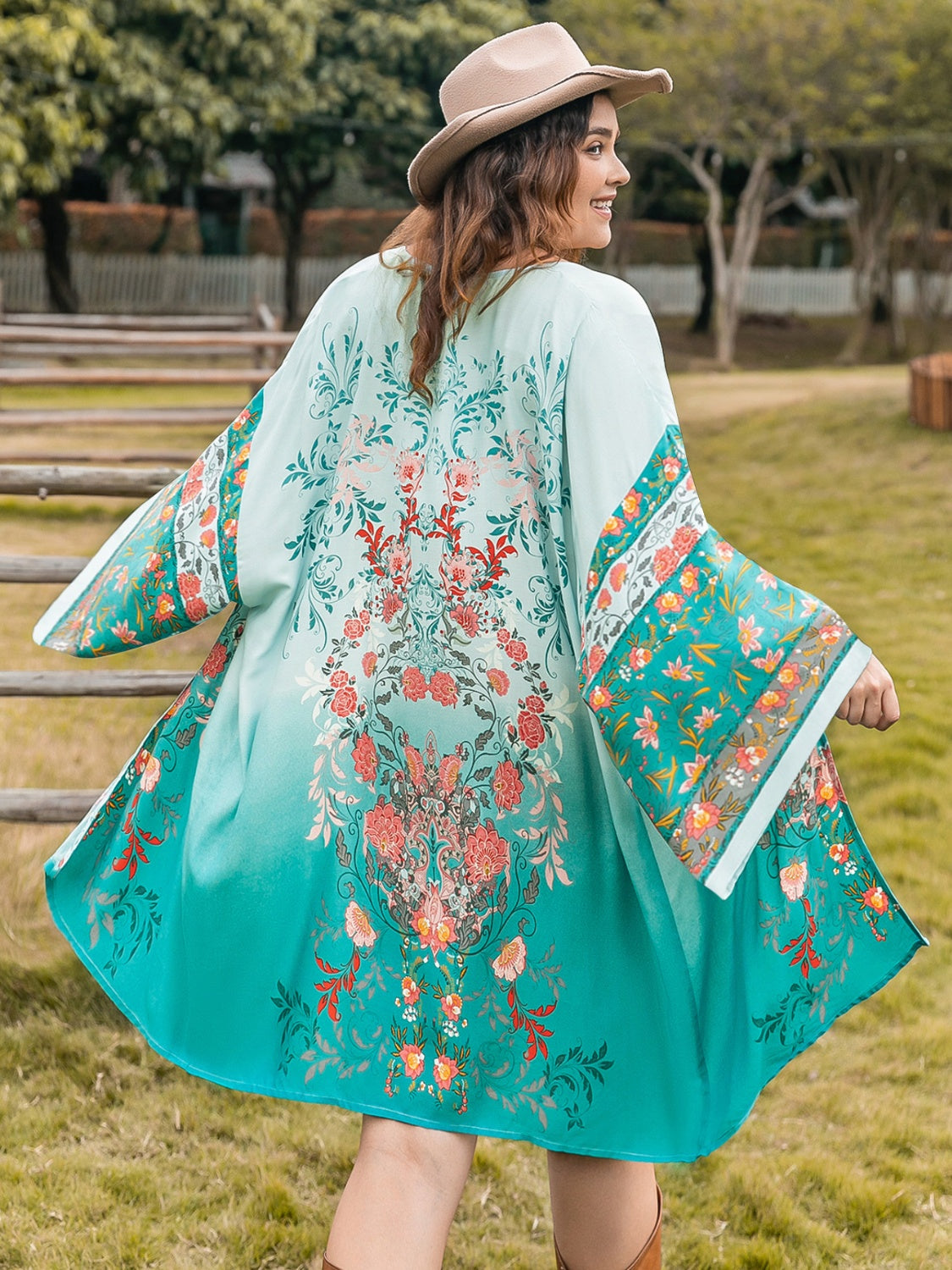 Plus Size Printed Open Front Long Sleeve Cover Up - UrbanEthereal