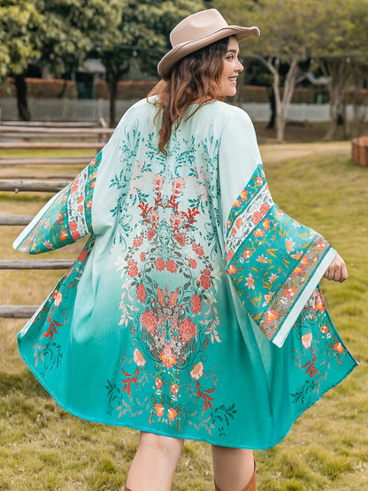 Plus Size Printed Open Front Long Sleeve Cover Up - UrbanEthereal