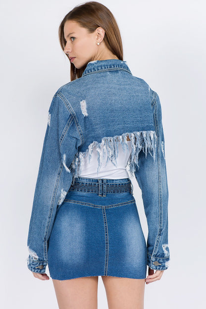 American Bazi Distressed Denim Jacket with Frayed Hem - UrbanEthereal