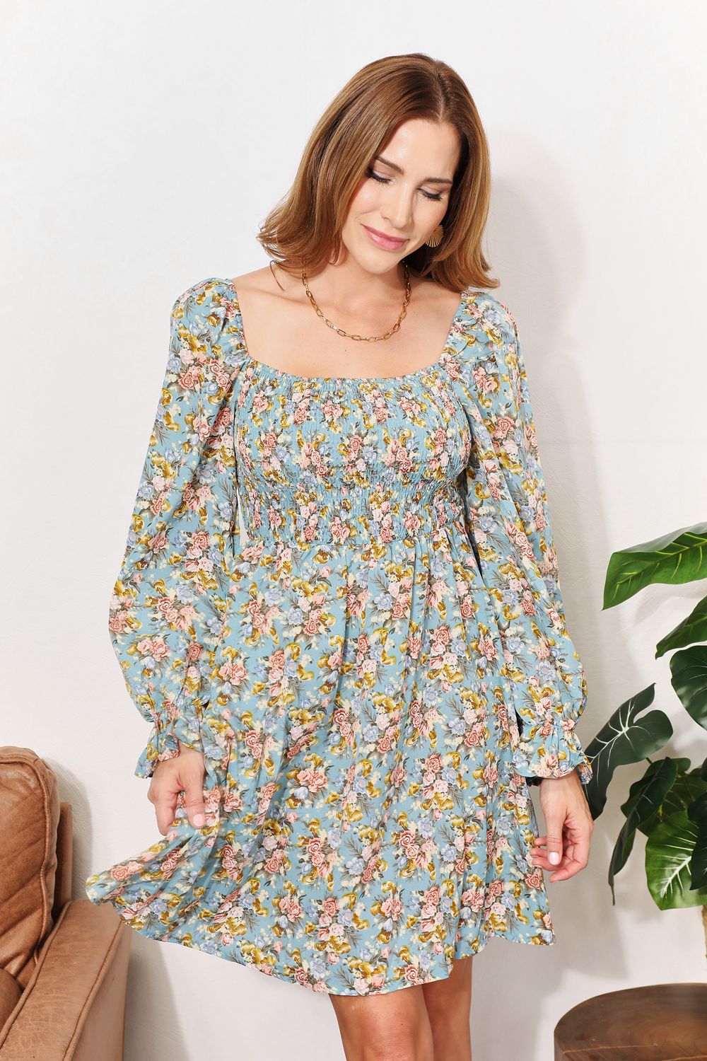 Floral Smocked Flounce Sleeve Square Neck Dress - UrbanEthereal
