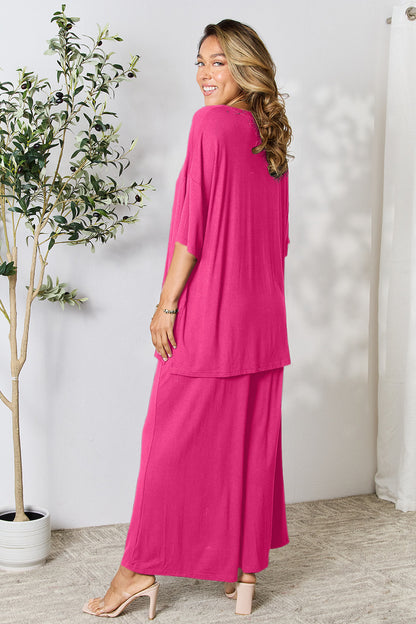 Double Take Full Size Round Neck Slit Top and Pants Set - UrbanEthereal