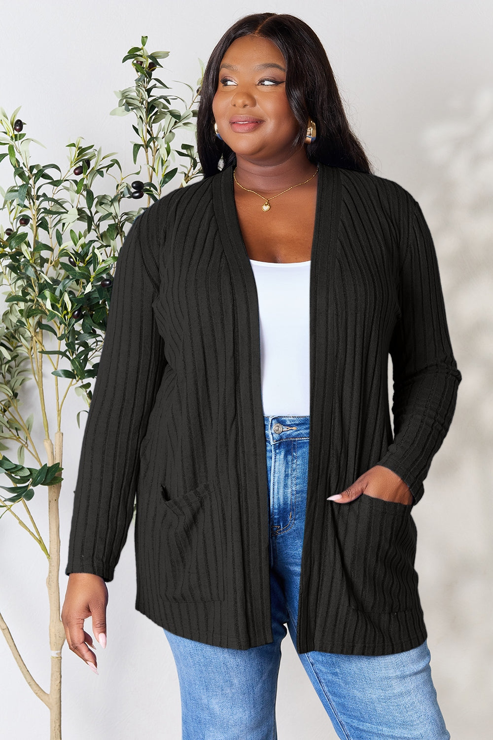 Basic Bae Full Size Ribbed Open Front Cardigan with Pockets - UrbanEthereal