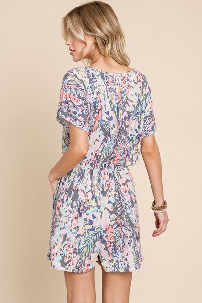 BOMBOM Printed Short Sleeve Drawstring Romper - UrbanEthereal