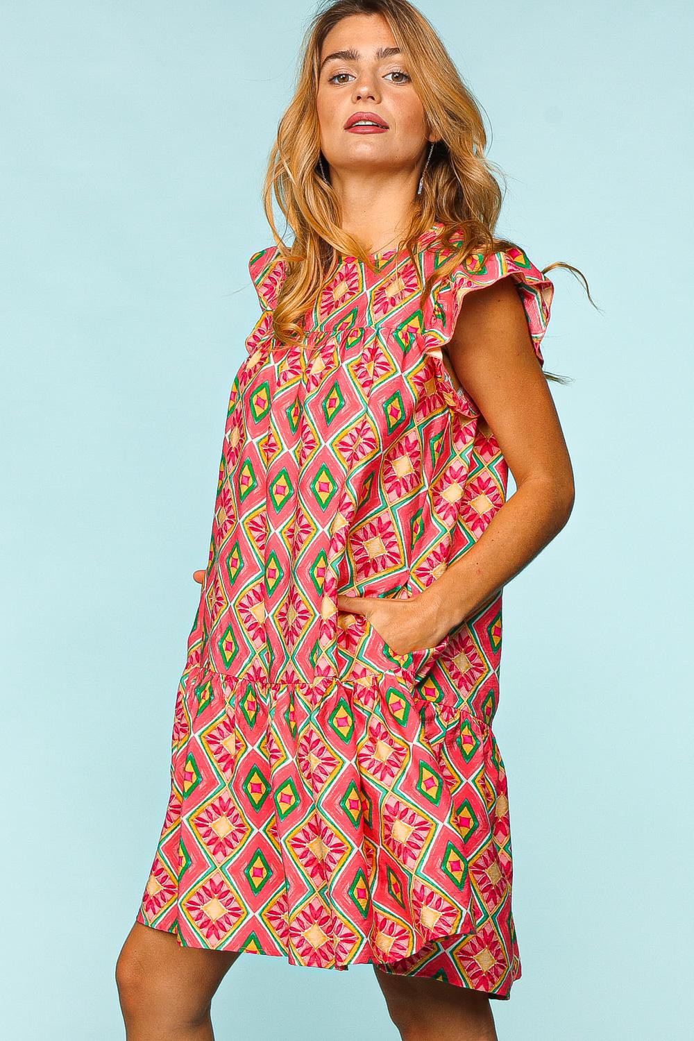 Haptics Full Size Ruffled Printed Dress with Side Pockets - UrbanEthereal