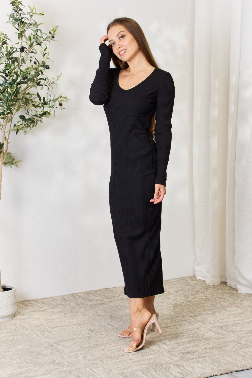 Culture Code Full Size Ribbed Long Sleeve Midi Slit Dress - UrbanEthereal