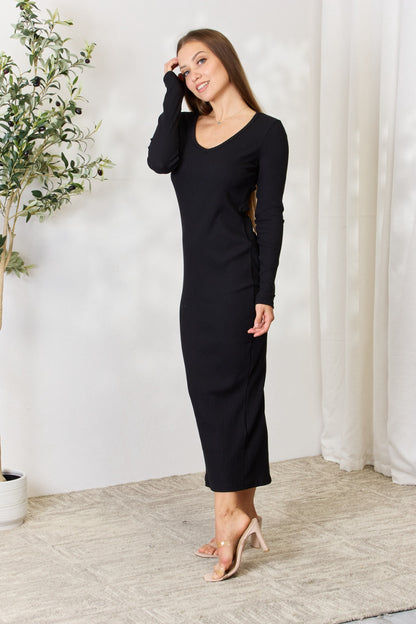 Culture Code Full Size Ribbed Long Sleeve Midi Slit Dress - UrbanEthereal