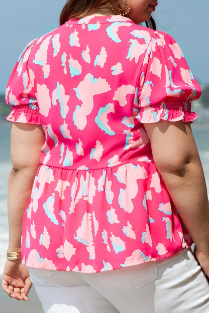Plus Size Ruffled Printed Notched Short Sleeve Blouse - UrbanEthereal