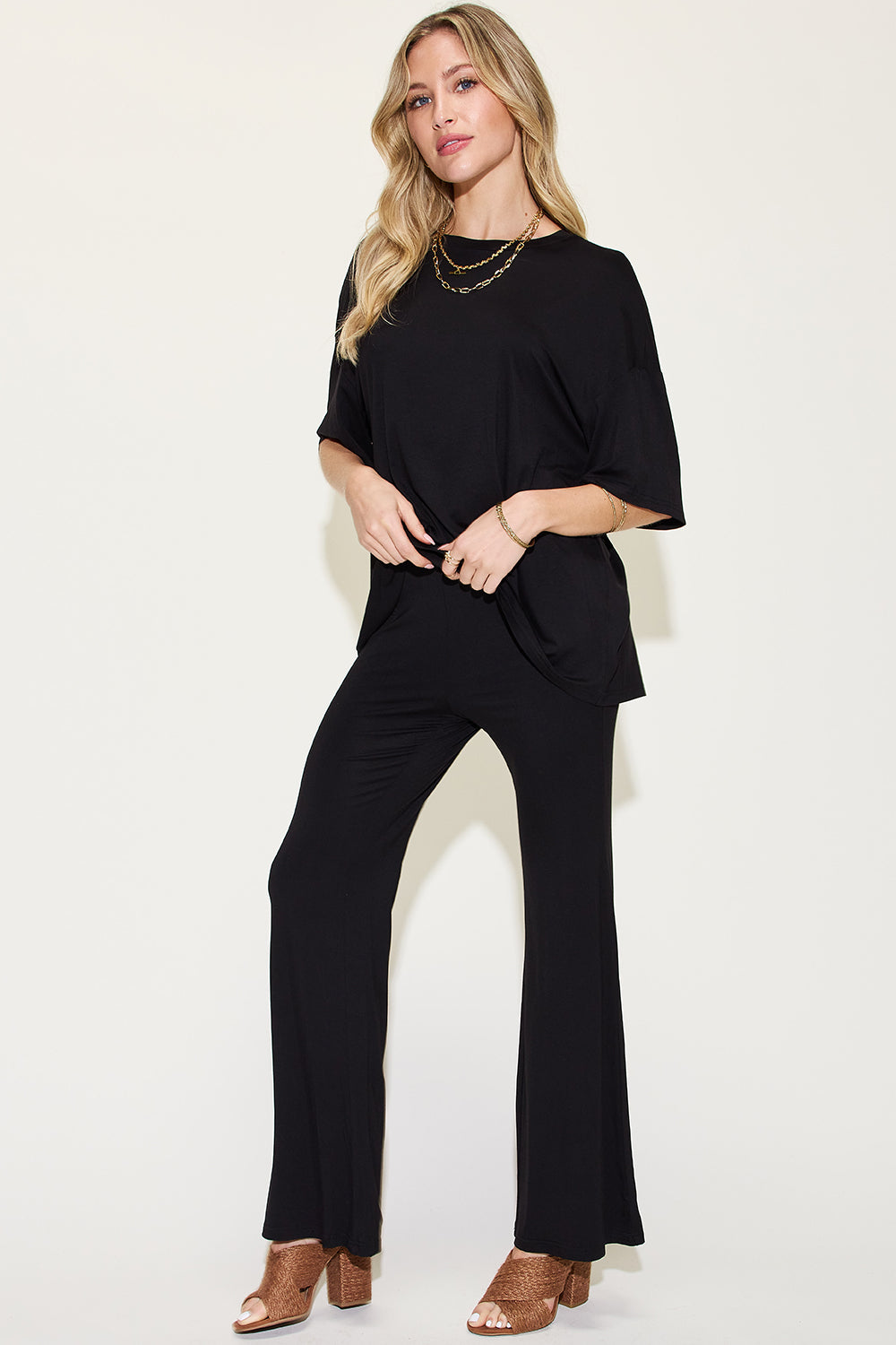 Basic Bae Full Size Bamboo Drop Shoulder T-Shirt and Flare Pants Set - UrbanEthereal