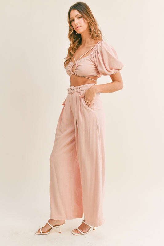 MABLE Cut Out Drawstring Crop Top and Belted Pants Set - UrbanEthereal