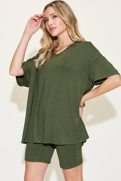 Basic Bae Full Size V-Neck Drop Shoulder T-Shirt and Shorts Set - UrbanEthereal