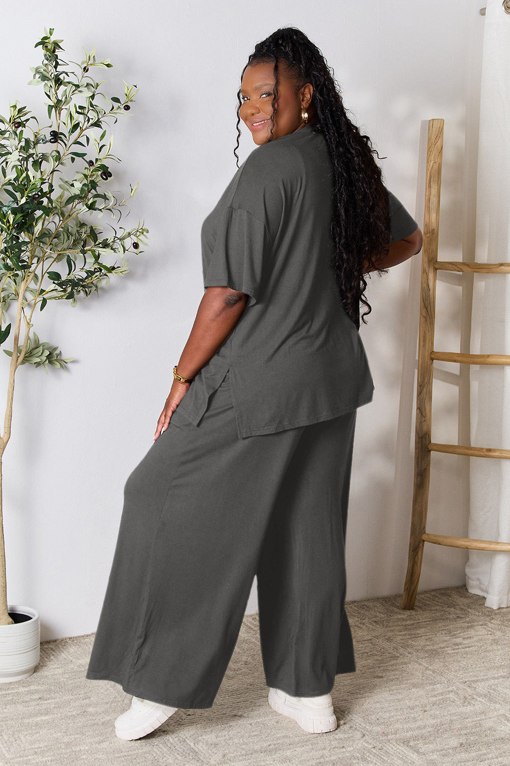 Double Take Full Size Round Neck Slit Top and Pants Set - UrbanEthereal