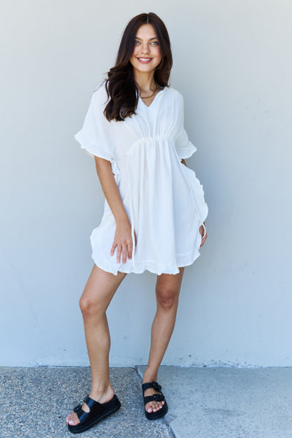 Ninexis Out Of Time Full Size Ruffle Hem Dress with Drawstring Waistband in White - UrbanEthereal