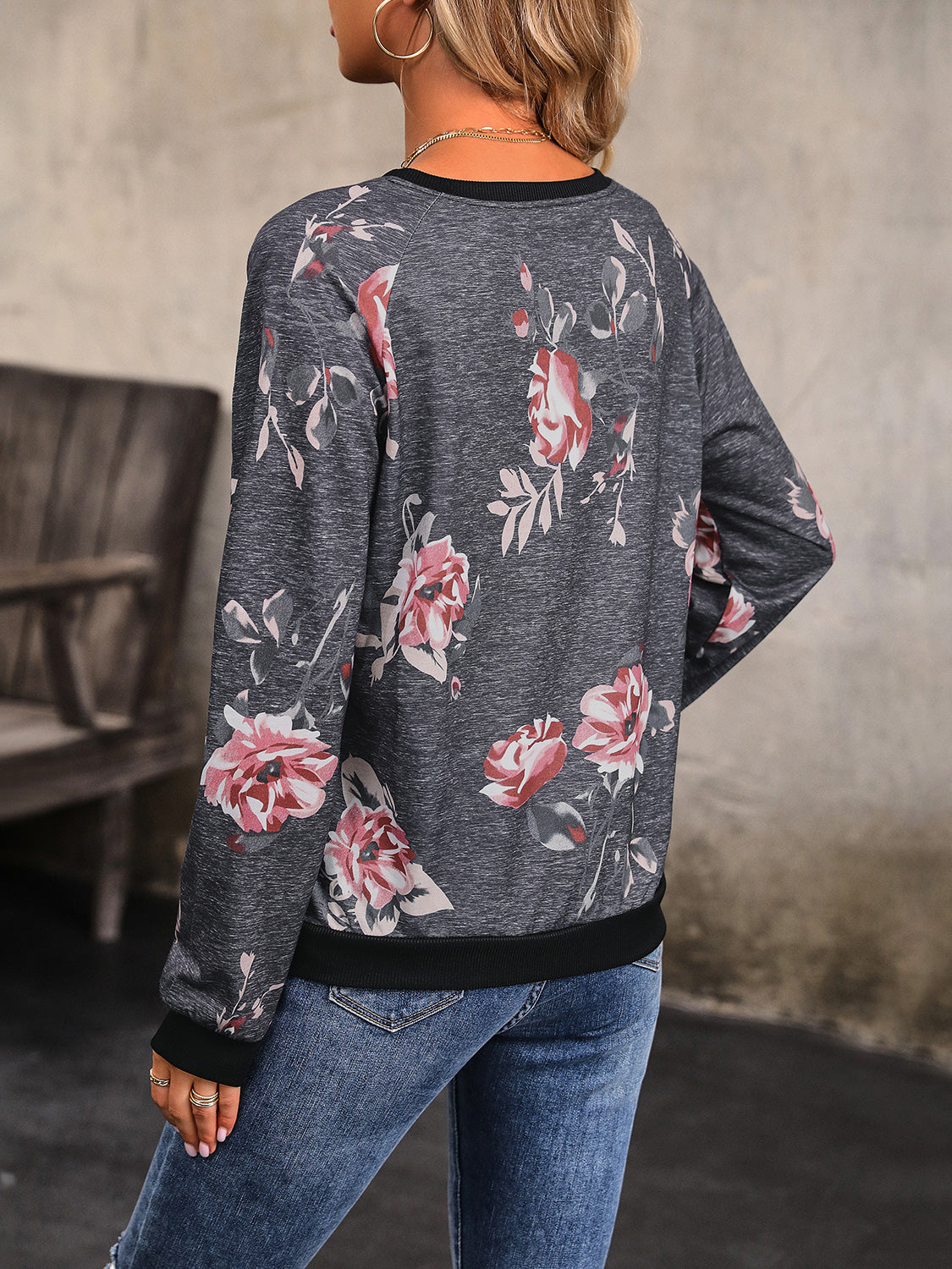 Perfee Floral Round Neck Raglan Sleeve Sweatshirt