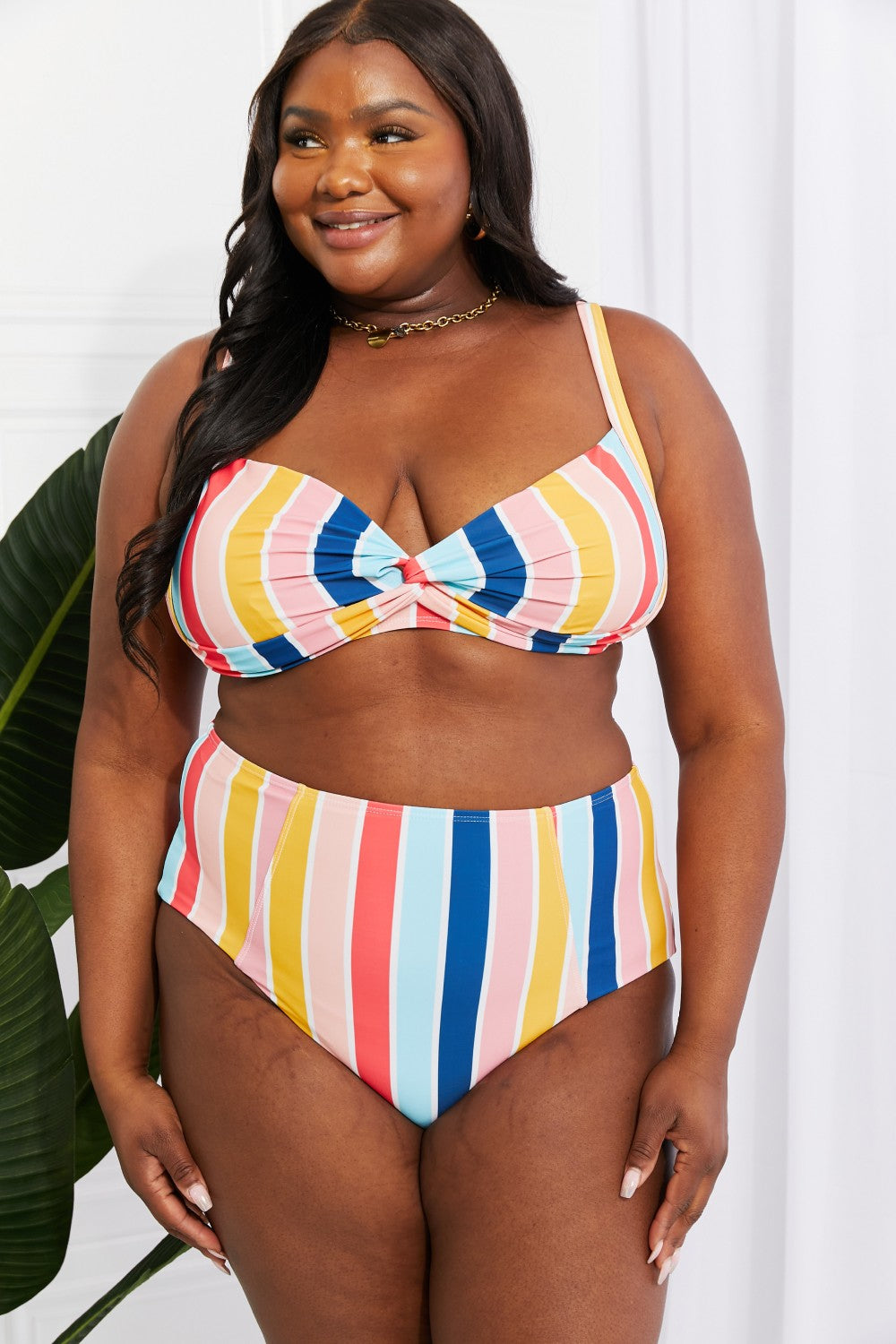 Marina West Swim Take A Dip Twist High-Rise Bikini in Stripe - UrbanEthereal