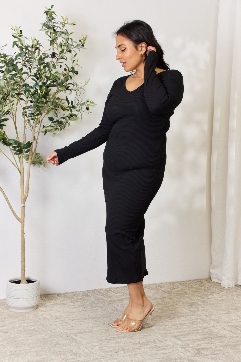 Culture Code Full Size Ribbed Long Sleeve Midi Slit Dress - UrbanEthereal