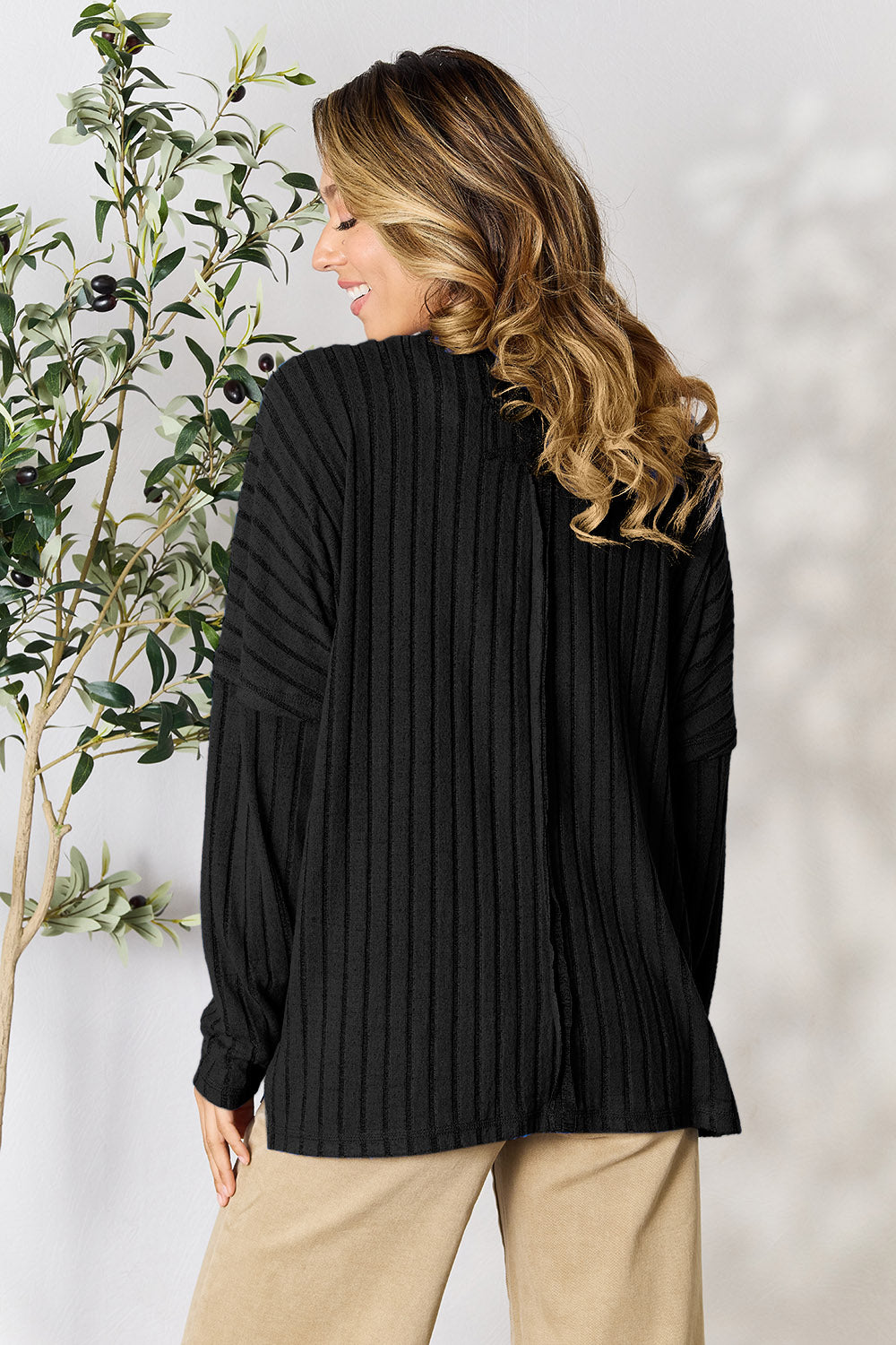 Basic Bae Full Size Ribbed Round Neck Slit Knit Top - UrbanEthereal
