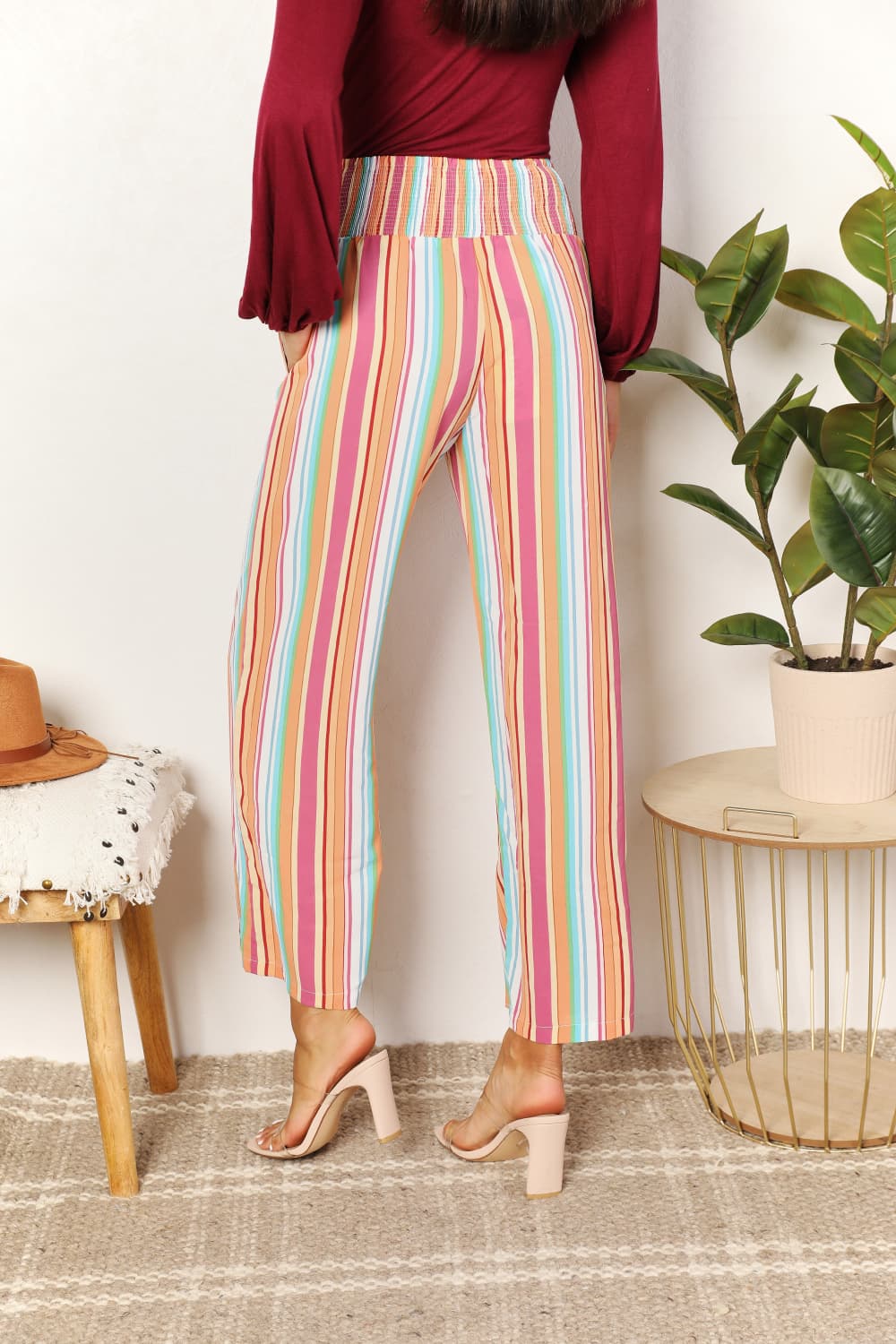 Double Take Striped Smocked Waist Pants with Pockets - UrbanEthereal