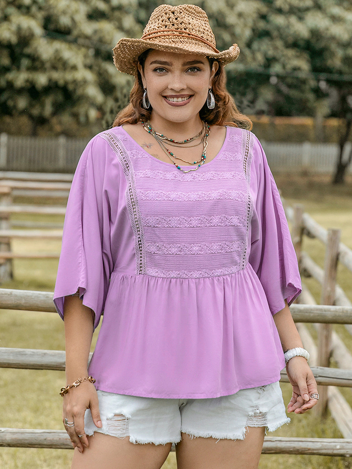 Plus Size Lace Detail Round Neck Three-Quarter Sleeve Blouse - UrbanEthereal