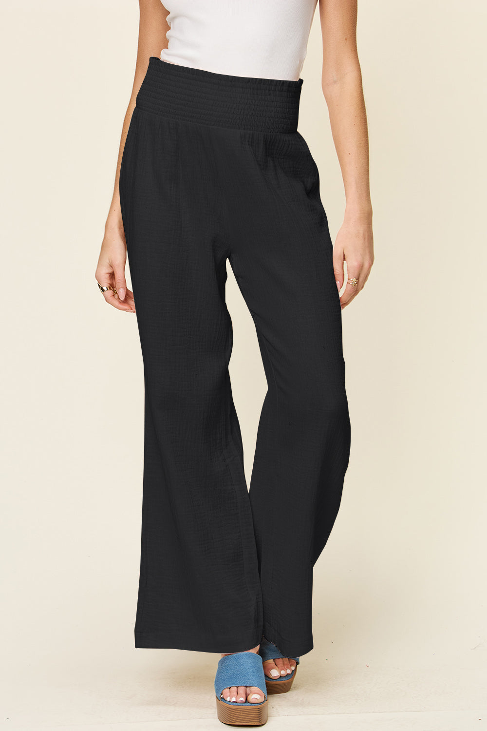 Double Take Full Size Texture Smocked Waist Wide Leg Pants - UrbanEthereal