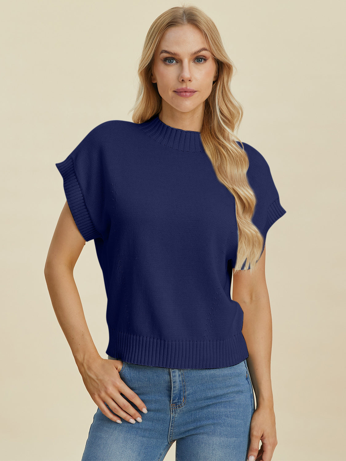 Double Take Full Size Mock Neck Short Sleeve Sweater - UrbanEthereal