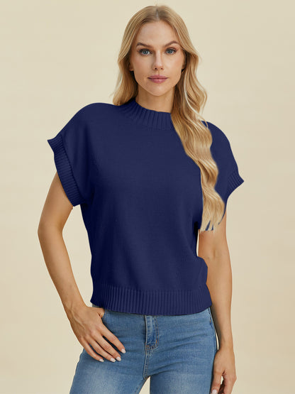 Double Take Full Size Mock Neck Short Sleeve Sweater - UrbanEthereal