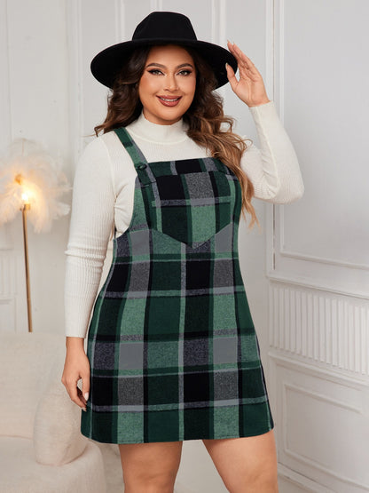 Plus Size Plaid Wide Strap Overall Dress - UrbanEthereal