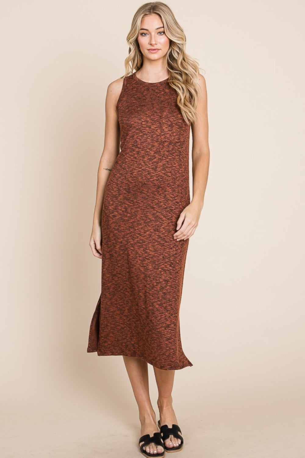 BOMBOM Slit Round Neck Sleeveless Midi Dress - UrbanEthereal