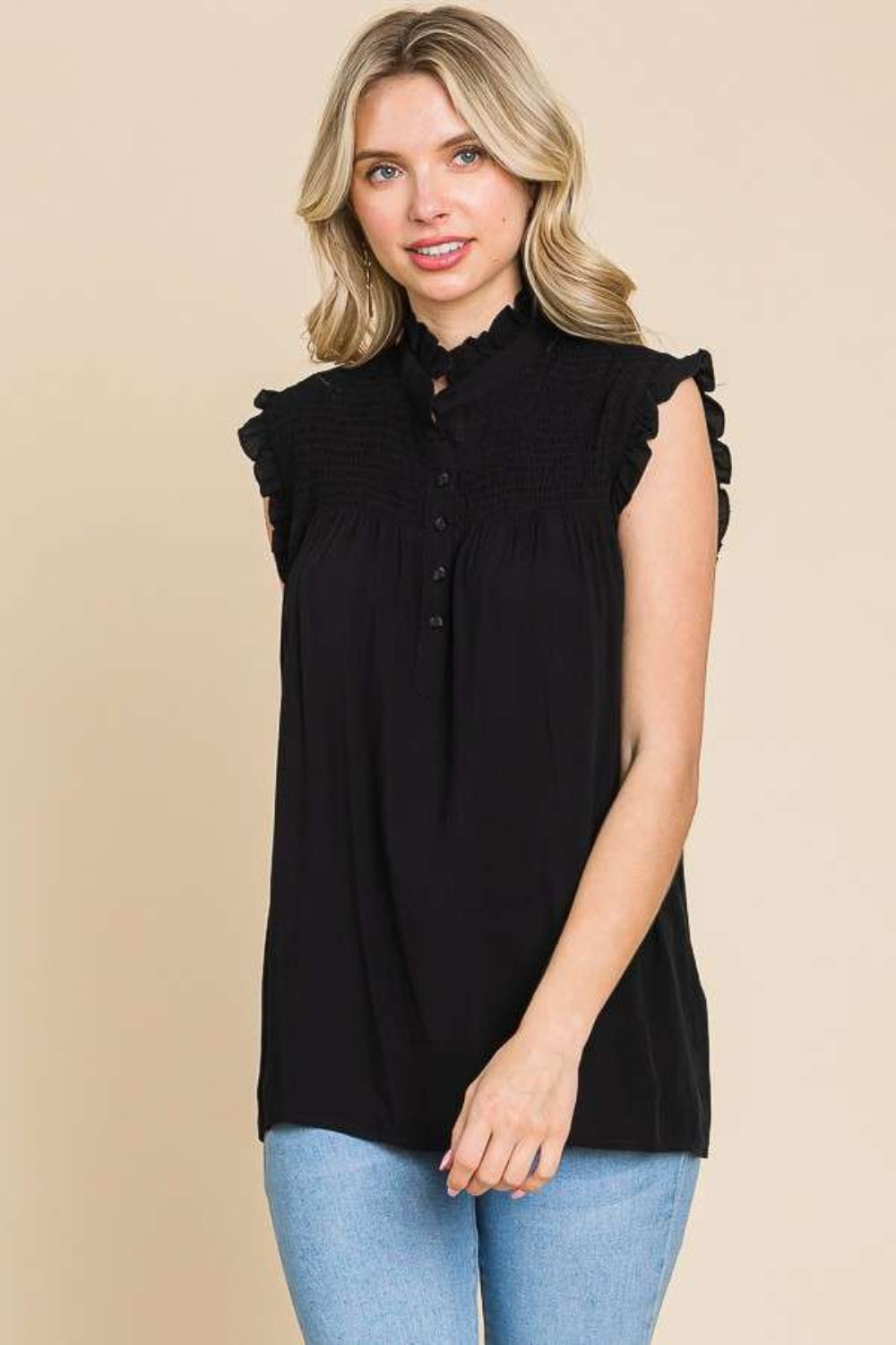 Culture Code Full Size Frill Edge Smocked Sleeveless Top - UrbanEthereal