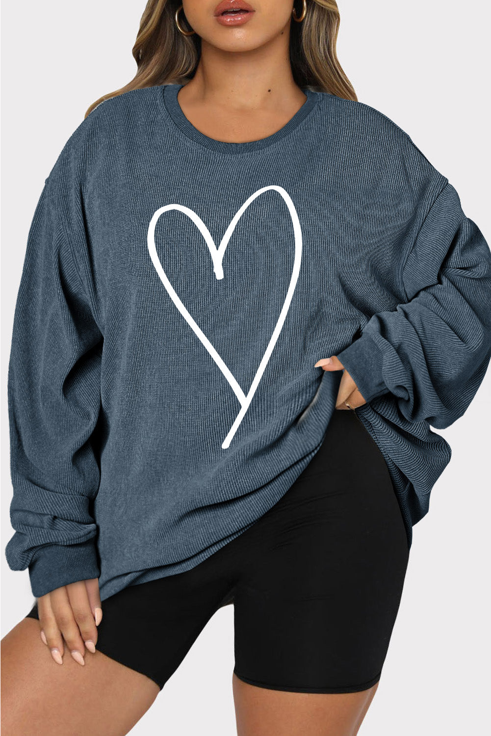 Plus Size Heart Ribbed Round Neck Sweatshirt - UrbanEthereal