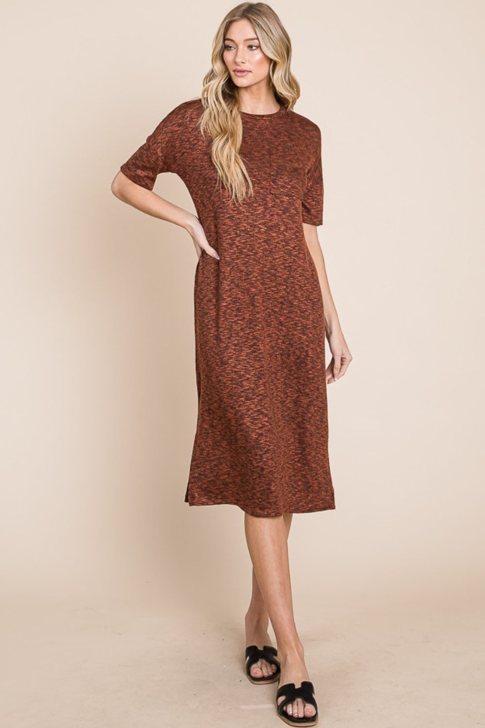 BOMBOM Round Neck Side Slit Midi Dress - UrbanEthereal