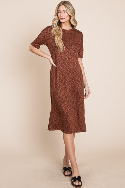BOMBOM Round Neck Side Slit Midi Dress - UrbanEthereal