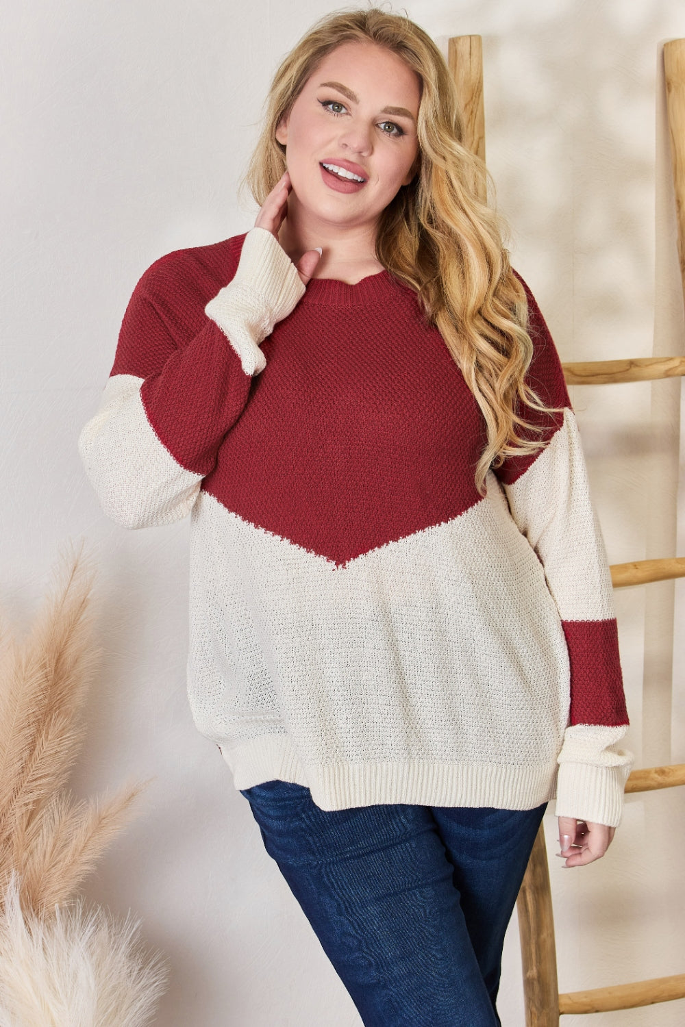 Hailey & Co Full Size Color Block Dropped Shoulder Knit Top - UrbanEthereal