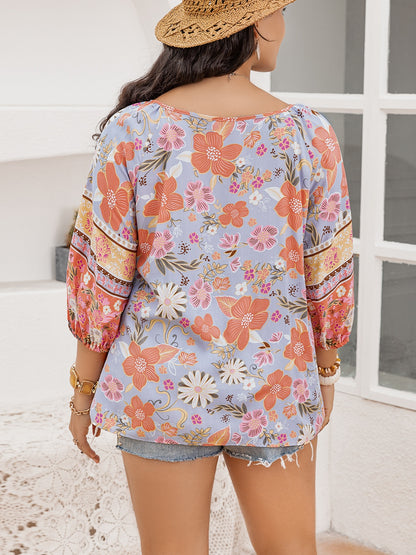 Plus Size Printed Tie Neck Balloon Sleeve Blouse - UrbanEthereal